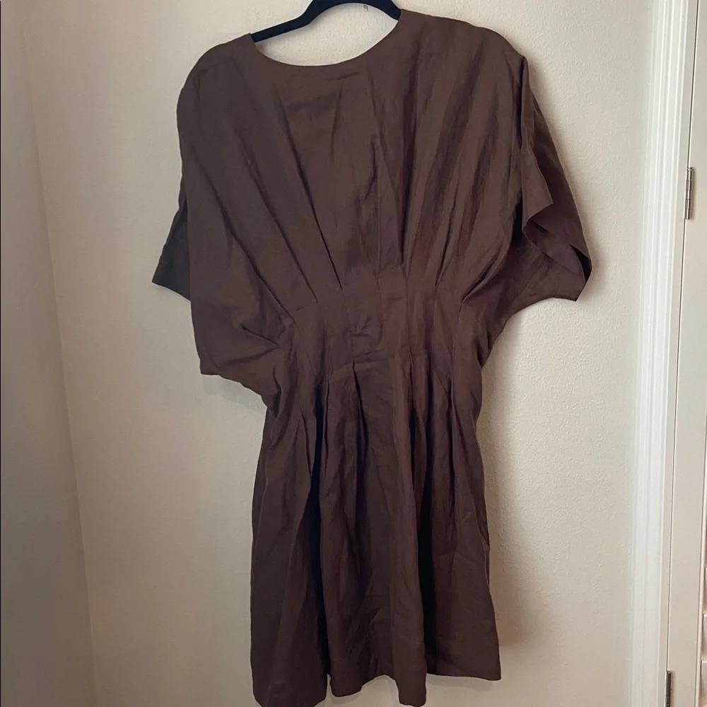 Anthropologie Exquise Amelie Brown Linen Pleated Mini Shirt Dress XL - Picture 5 of 8